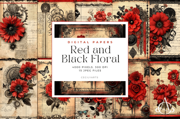 Download Red and Black Floral Junk Journal Pages - Floral Collection