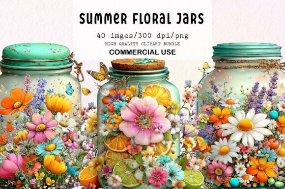 Download Whimsical Summer Floral Jars Clipart - Floral Collection