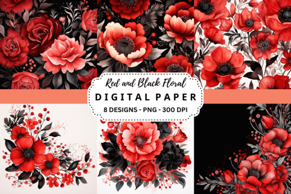 Download Red and Black Floral Digital Paper - Floral Collection
